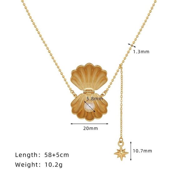 Gold Seashell Pearl Pendant Necklace Locket with Star Charm Ocean Jewelry Gift - Picture 5 of 6